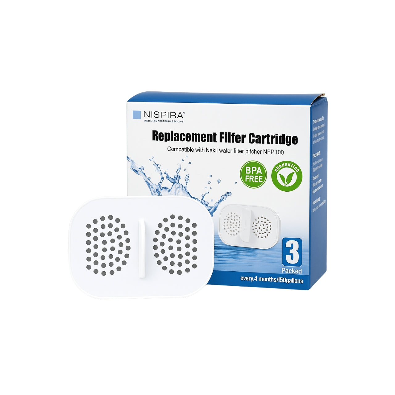 Nispira NFP100 NFP-100 Water Filter Compatible with Nakii Pitcher Dispenser Removes Chlorine, Lead, Odor, Color