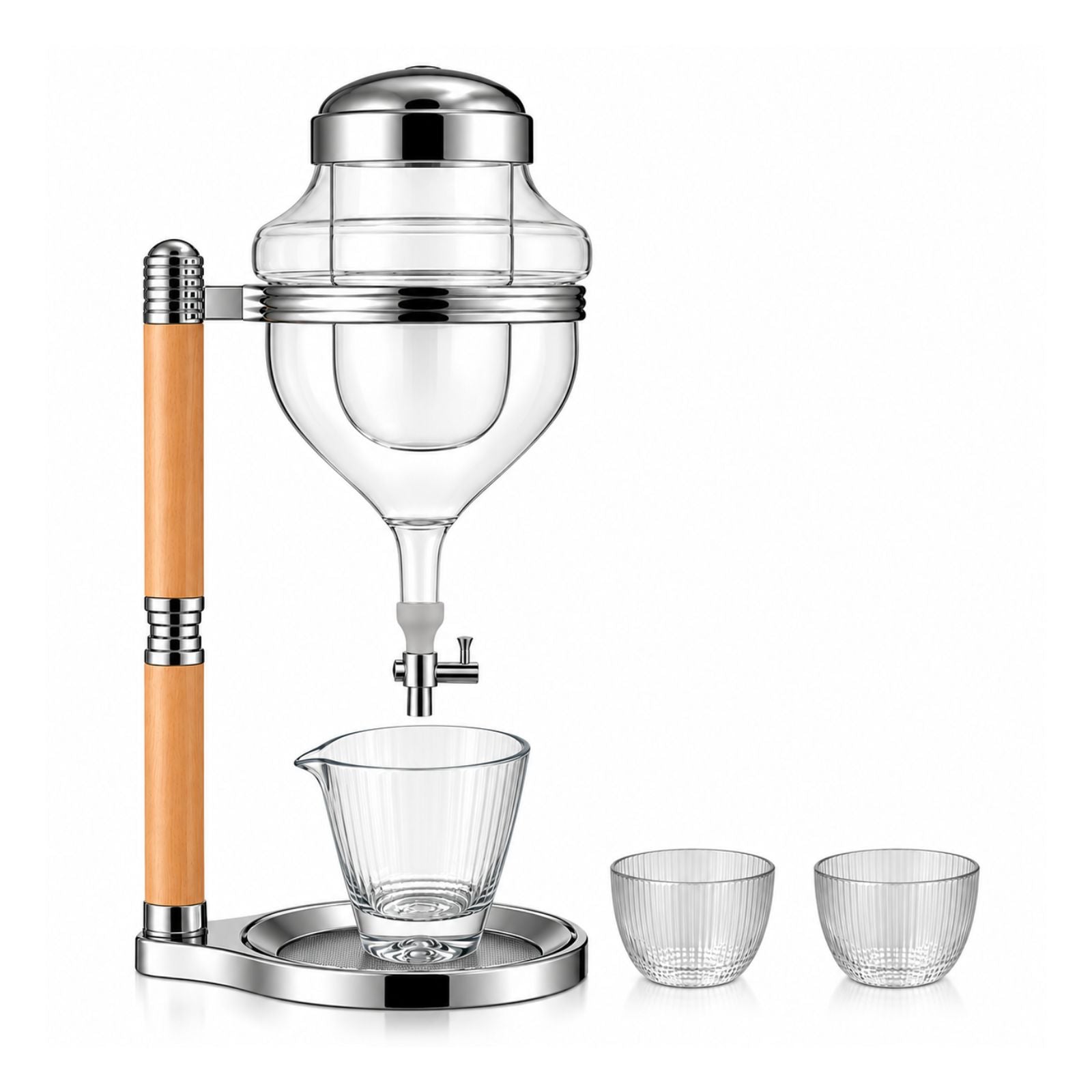 Ice & Wine Dispenser with Wooden Handle, Borosilicate Glass & Valve Spout — for Sake, Wine & Whisky