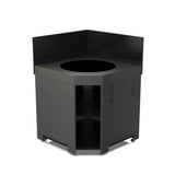 Module d’angle pour Kamado M et L Gris Cargo ENO, en acier galvanisé thermolaqué, avec crédences noires et étagère intégrée. Conçu pour encastrer un Kamado et optimiser l’espace d’une cuisine extérieure.