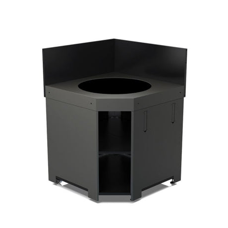 Module d’angle pour Kamado M et L Gris Cargo ENO, en acier galvanisé thermolaqué, avec crédences noires et étagère intégrée. Conçu pour encastrer un Kamado et optimiser l’espace d’une cuisine extérieure.