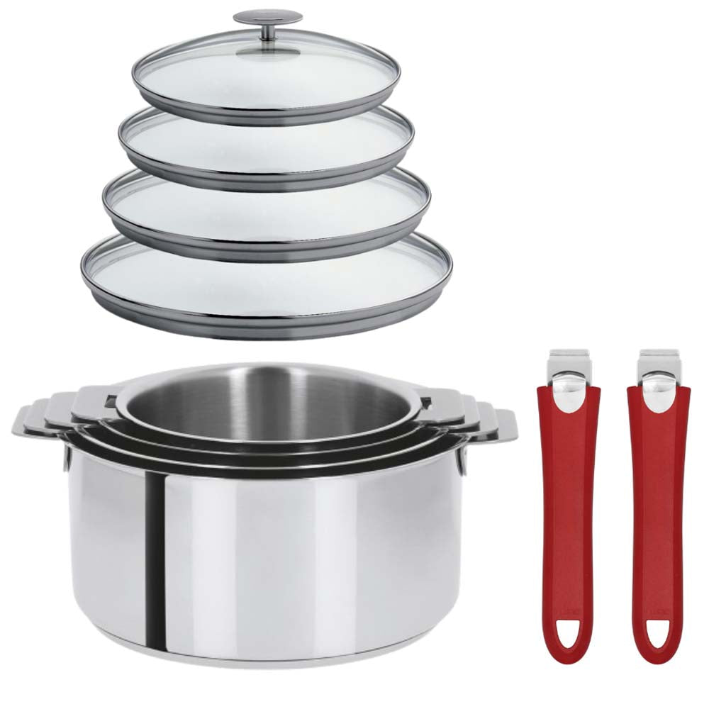 Lot de 4 Casseroles Mutine avec 2 poignées framboise et 4 couvercles - CRISTEL