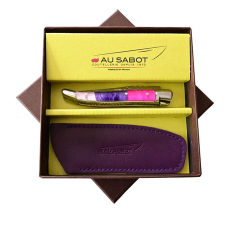 Couteau Pliant Laguiole avec Etui en Cuir Violet OFFERT présenté dans un coffret - Au Sabot