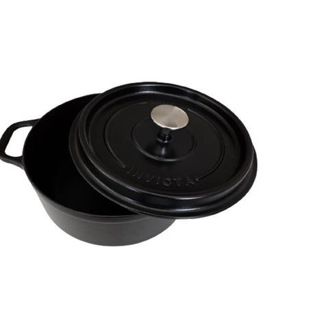 Cocotte Mijoteuse ronde noir Invicta avec couvercle ouvert
